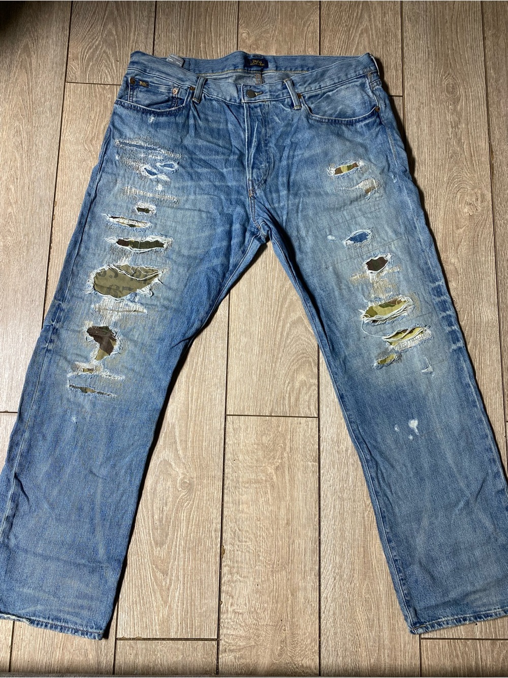 Polo Ralph Lauren Sullivan Slim Distressed Camo Patchwork Blue Denim Jeans 36x30